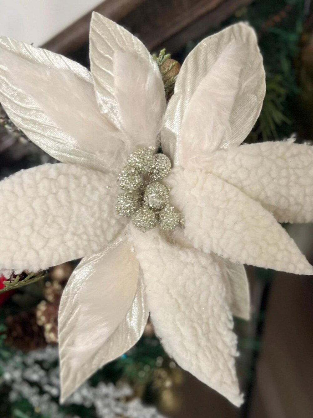 Woolly/Fur Poinsettia Stem Christmas Tree Trimming Decorative Holiday Crafts